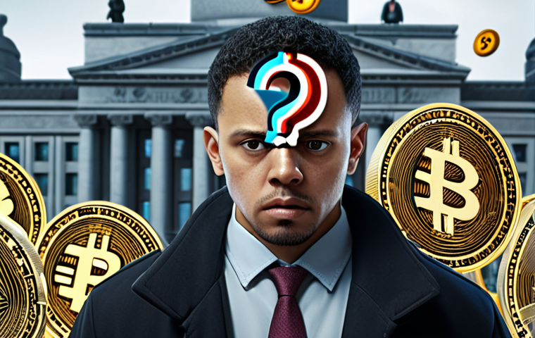 ** A concerned-looking person (common citizen) surrounded by digital currency symbols, with question marks hovering around them. The background includes blurred images of news articles and government buildings.

**