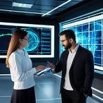 A professional male and female IT engineer in modest business attire, working collaboratively in a futuristic, secure data center control room. Holographic screens display complex, high-speed digital transaction flows and intricate cyber security protocols with glowing network lines. The environment is clean, bright, and highly organized, emphasizing robust system stability and quantum-safe protection. The engineers demonstrate focused dedication. perfect anatomy, correct proportions, natural pose, well-formed hands, proper finger count, natural body proportions, safe for work, appropriate content, fully clothed, professional dress, high quality, professional photography.