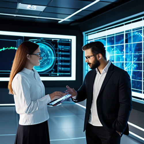 A professional male and female IT engineer in modest business attire, working collaboratively in a futuristic, secure data center control room. Holographic screens display complex, high-speed digital transaction flows and intricate cyber security protocols with glowing network lines. The environment is clean, bright, and highly organized, emphasizing robust system stability and quantum-safe protection. The engineers demonstrate focused dedication. perfect anatomy, correct proportions, natural pose, well-formed hands, proper finger count, natural body proportions, safe for work, appropriate content, fully clothed, professional dress, high quality, professional photography.