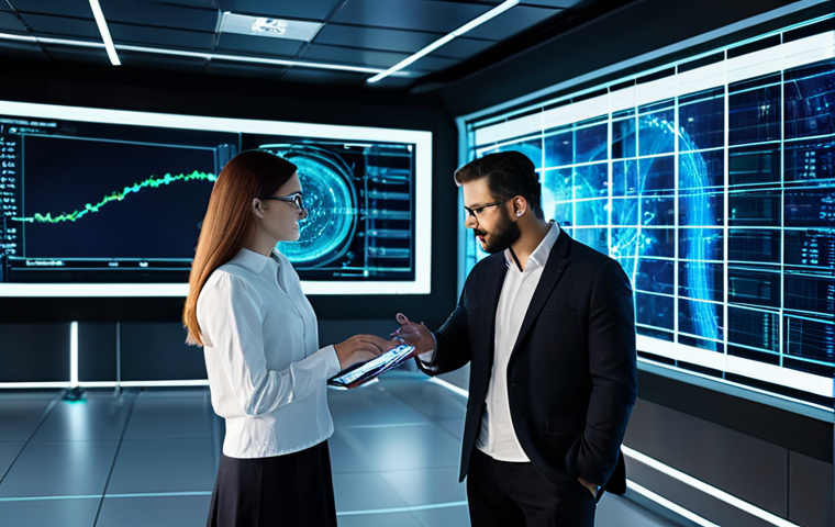 A professional male and female IT engineer in modest business attire, working collaboratively in a futuristic, secure data center control room. Holographic screens display complex, high-speed digital transaction flows and intricate cyber security protocols with glowing network lines. The environment is clean, bright, and highly organized, emphasizing robust system stability and quantum-safe protection. The engineers demonstrate focused dedication. perfect anatomy, correct proportions, natural pose, well-formed hands, proper finger count, natural body proportions, safe for work, appropriate content, fully clothed, professional dress, high quality, professional photography.