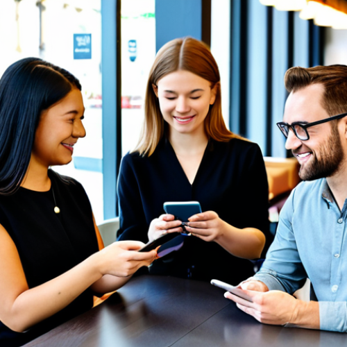 A diverse group of adults in a modern, well-lit urban environment, comfortably using Central Bank Digital Currency (CBDC) for everyday transactions. Individuals are depicted with secure digital interfaces on sleek smartphones and tablets, making payments in a café or shopping area. The atmosphere is one of trust, convenience, and seamless technology integration. All subjects are fully clothed in modest, professional casual attire. Professional photography, high fidelity, crisp details, natural lighting, safe for work, appropriate content, fully clothed, family-friendly, perfect anatomy, correct proportions, natural pose, well-formed hands, proper finger count, natural body proportions.