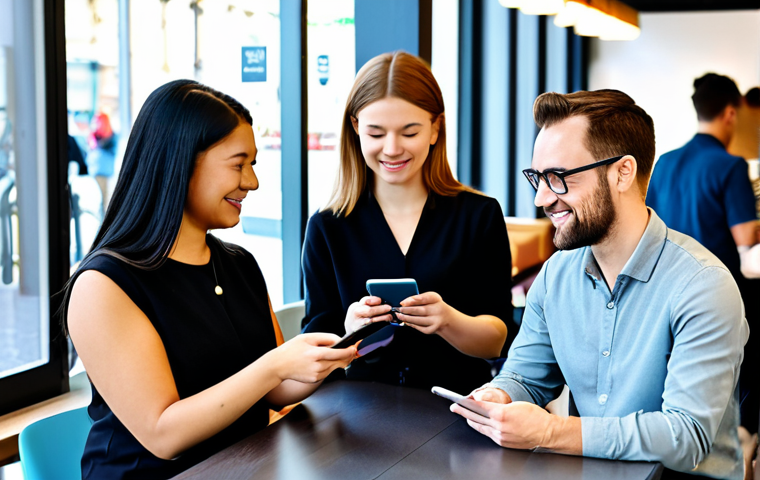 A diverse group of adults in a modern, well-lit urban environment, comfortably using Central Bank Digital Currency (CBDC) for everyday transactions. Individuals are depicted with secure digital interfaces on sleek smartphones and tablets, making payments in a café or shopping area. The atmosphere is one of trust, convenience, and seamless technology integration. All subjects are fully clothed in modest, professional casual attire. Professional photography, high fidelity, crisp details, natural lighting, safe for work, appropriate content, fully clothed, family-friendly, perfect anatomy, correct proportions, natural pose, well-formed hands, proper finger count, natural body proportions.