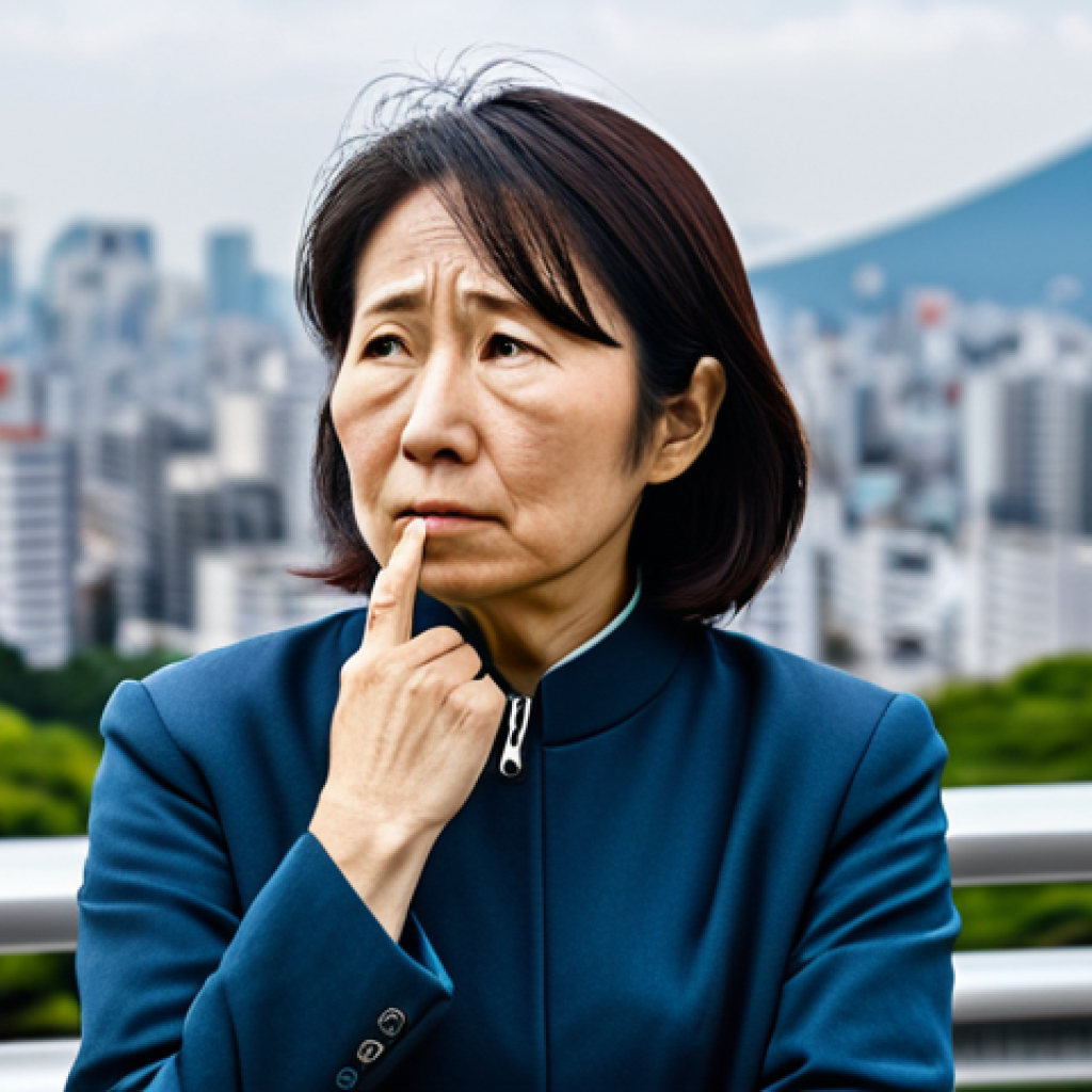 Concerned Citizen**

A middle-aged Japanese woman with a worried expression, wearing modest, everyday clothing (fully clothed), standing in front of a modern cityscape. The city is slightly blurred in the background to emphasize her concern. The image should convey a sense of uncertainty about the future of digital currency (CBDC). Safe for work, appropriate content, professional, perfect anatomy, natural proportions, well-formed hands, proper finger count.

**
