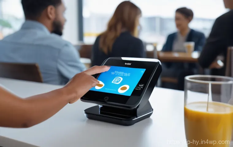 CBDC의 사용자 인터페이스 디자인 - **Prompt:** A diverse group of people in a bright, futuristic cafe. A young professional, neatly dre...