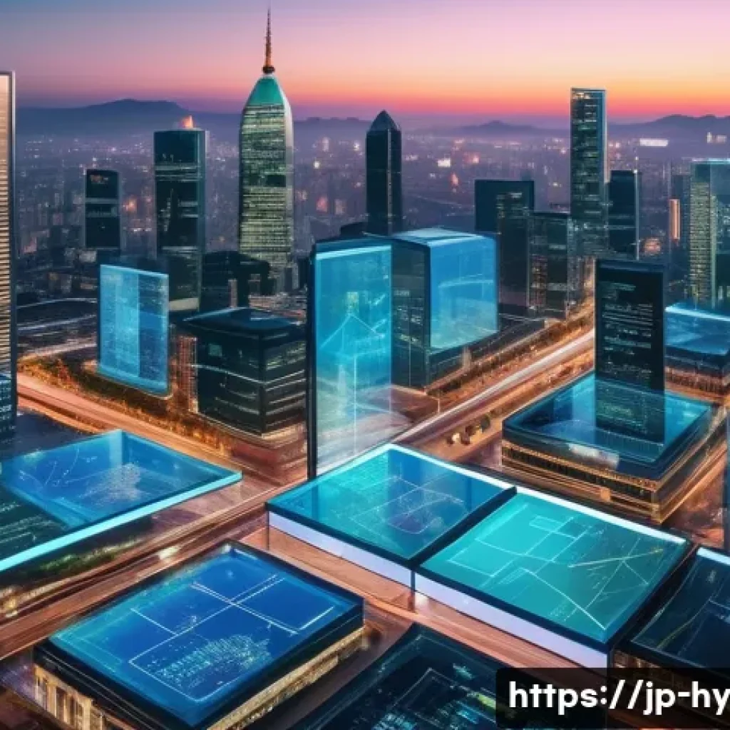 CBDC의 기술적 진화 및 발전 방향 - A futuristic digital cityscape at dusk featuring transparent holographic screens displaying blockcha...