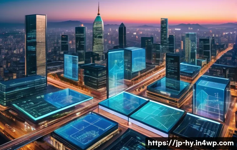 CBDC의 기술적 진화 및 발전 방향 - A futuristic digital cityscape at dusk featuring transparent holographic screens displaying blockcha...