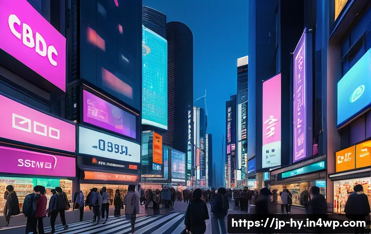 CBDC 개발의 정치적 배경과 논란 - A futuristic cityscape at dusk with digital billboards displaying various CBDC symbols and currency ...