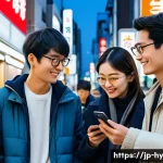 CBDC의 사용자 수용도 조사 결과 - A modern Japanese city street scene at dusk with diverse people using digital payments on their smar...