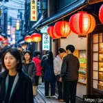 중국 디지털 위안화와 그 영향력 - A bustling Japanese urban street scene in the near future, showcasing diverse people using smartphon...
