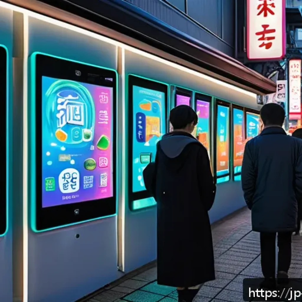 CBDC 개발의 사회적 경제적 비용 - A futuristic urban scene in Japan at dusk, showcasing diverse people using digital currency on smart...