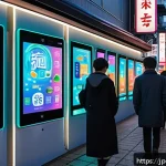 CBDC 개발의 사회적 경제적 비용 - A futuristic urban scene in Japan at dusk, showcasing diverse people using digital currency on smart...