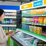 CBDC와 소액 결제 시스템의 관계 - A modern Japanese convenience store scene showing diverse customers using smartphones to complete di...