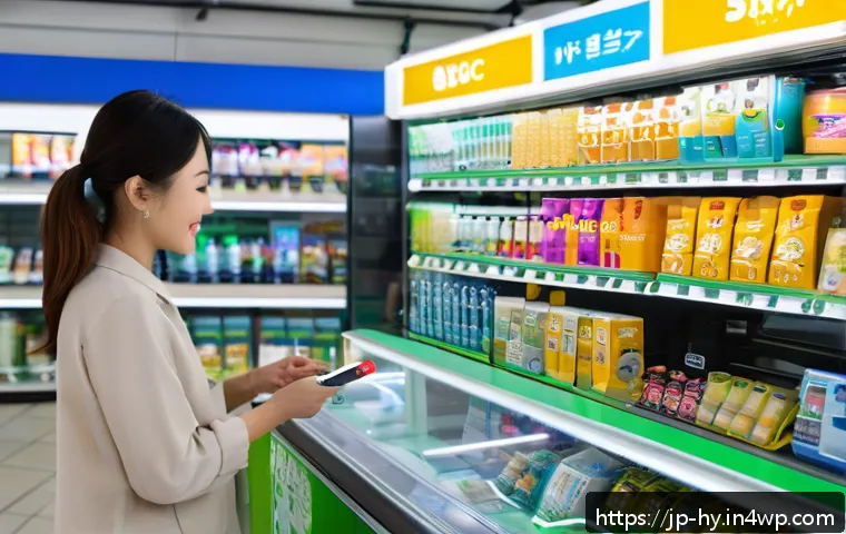 CBDC와 소액 결제 시스템의 관계 - A modern Japanese convenience store scene showing diverse customers using smartphones to complete di...